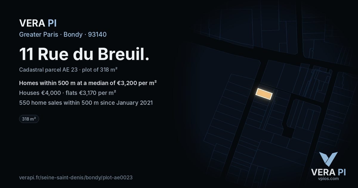 11 Rue du Breuil, Bondy at night – the plot lit, the parcels around coloured by the prices near them