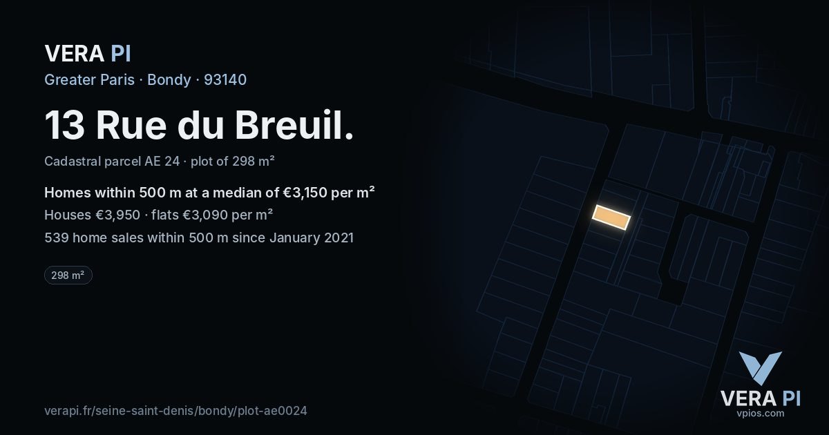 13 Rue du Breuil, Bondy at night – the plot lit, the parcels around coloured by the prices near them