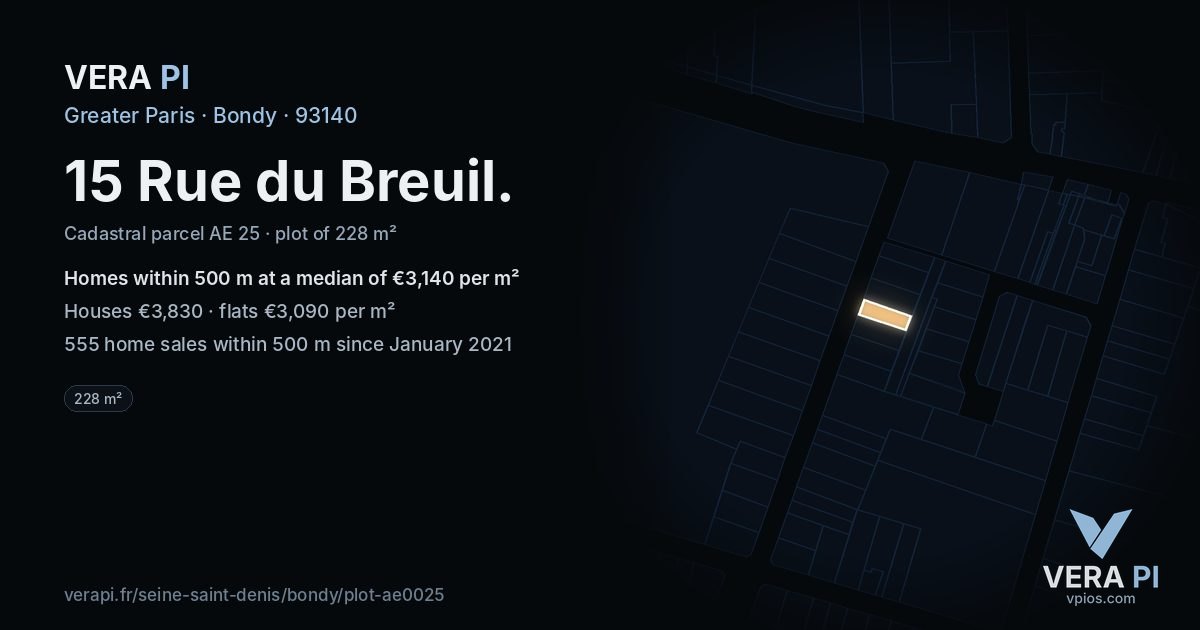 15 Rue du Breuil, Bondy at night – the plot lit, the parcels around coloured by the prices near them