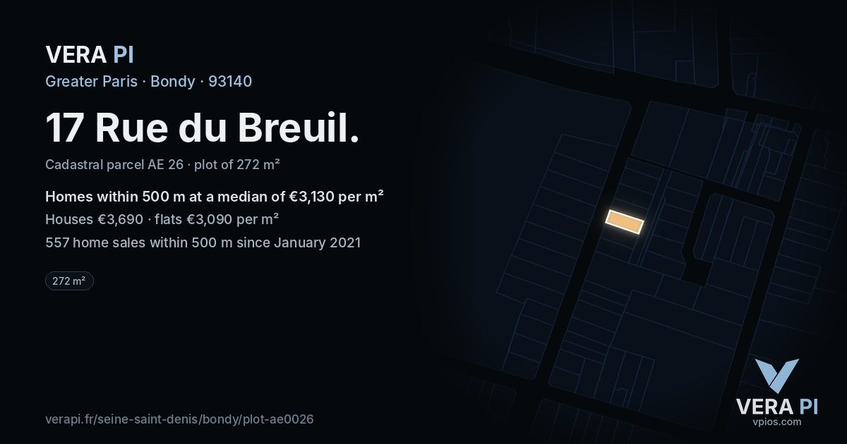 17 Rue du Breuil, Bondy at night – the plot lit, the parcels around coloured by the prices near them