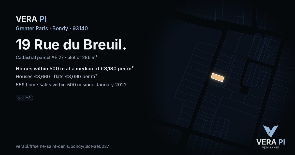 19 Rue du Breuil, Bondy at night – the plot lit, the parcels around coloured by the prices near them
