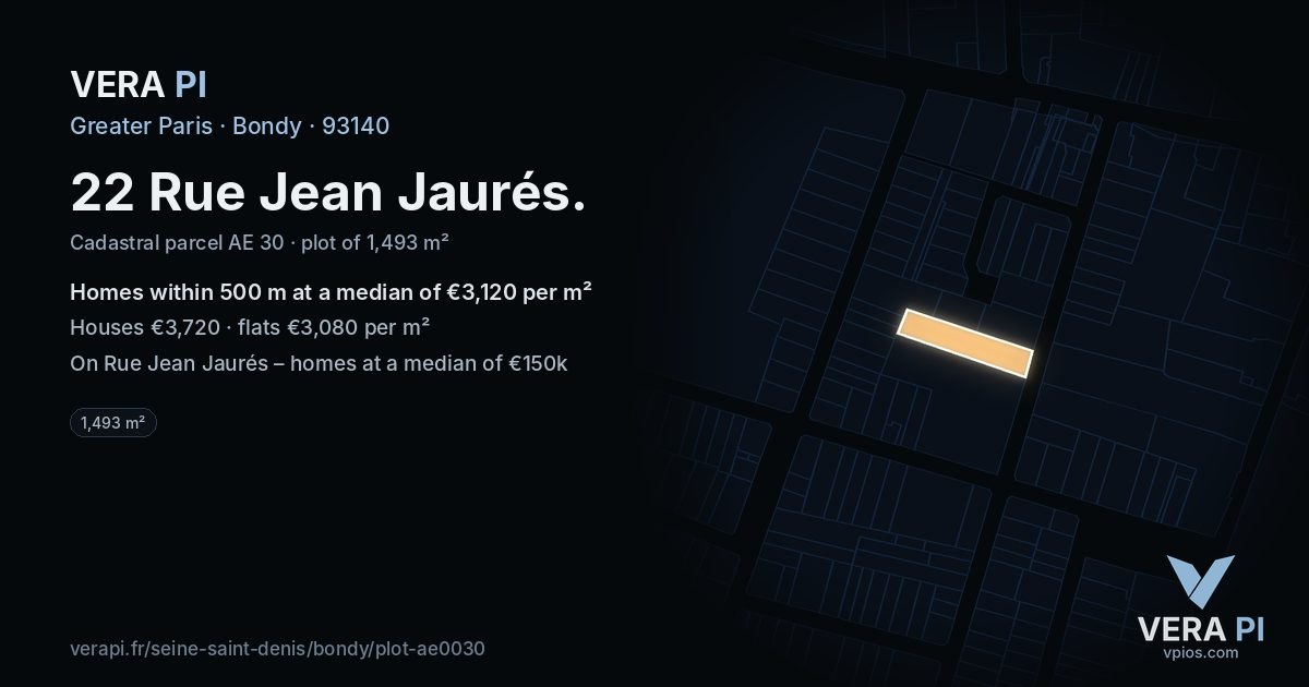 22 Rue Jean Jaurés, Bondy at night – the plot lit, the parcels around coloured by the prices near them