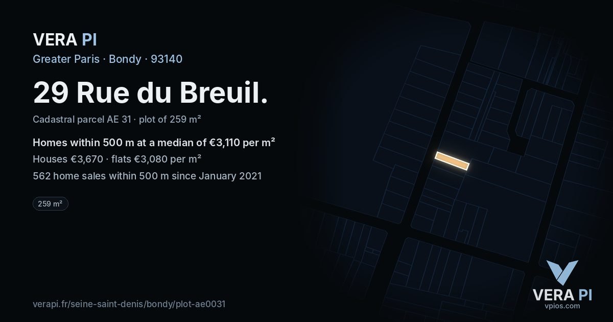 29 Rue du Breuil, Bondy at night – the plot lit, the parcels around coloured by the prices near them