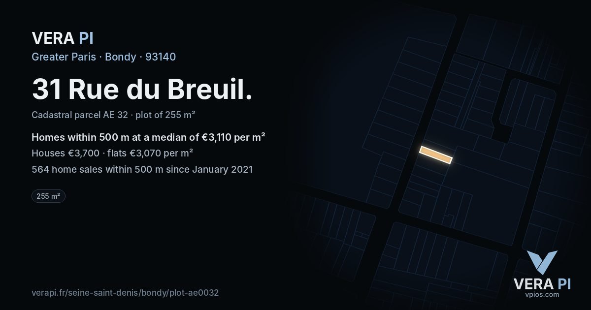 31 Rue du Breuil, Bondy at night – the plot lit, the parcels around coloured by the prices near them