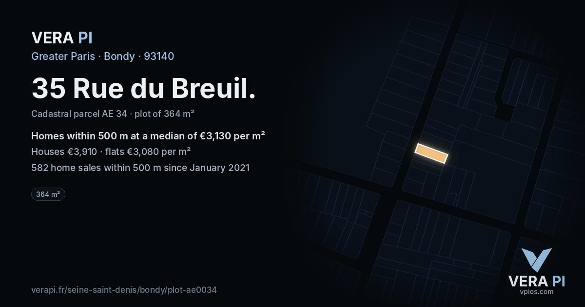 35 Rue du Breuil, Bondy at night – the plot lit, the parcels around coloured by the prices near them
