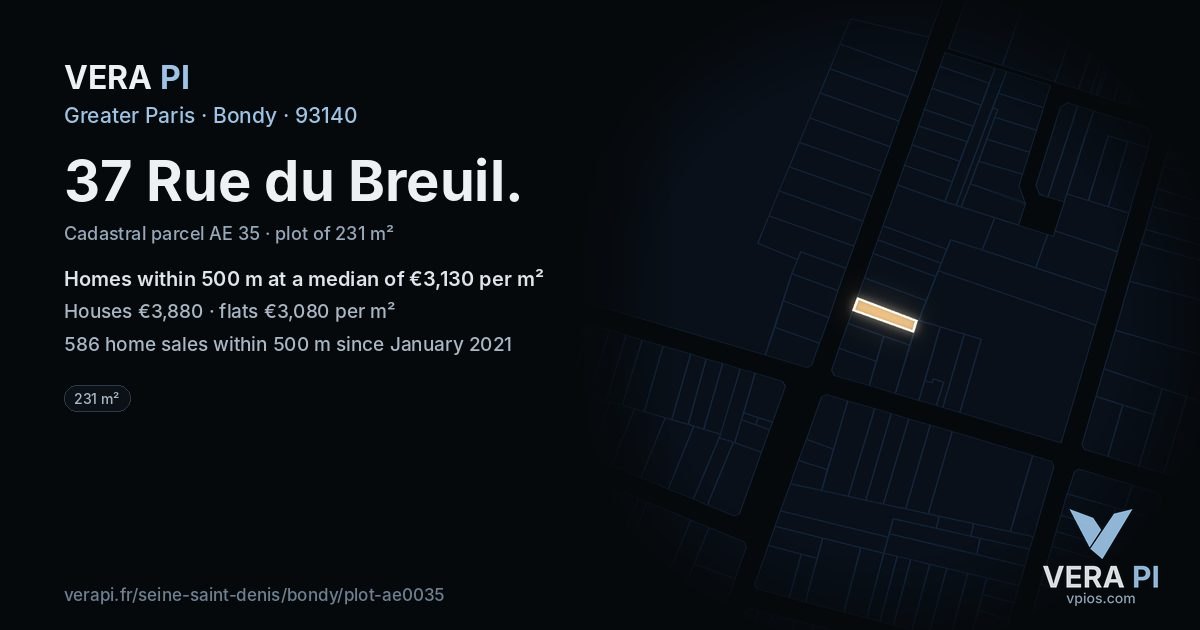 37 Rue du Breuil, Bondy at night – the plot lit, the parcels around coloured by the prices near them