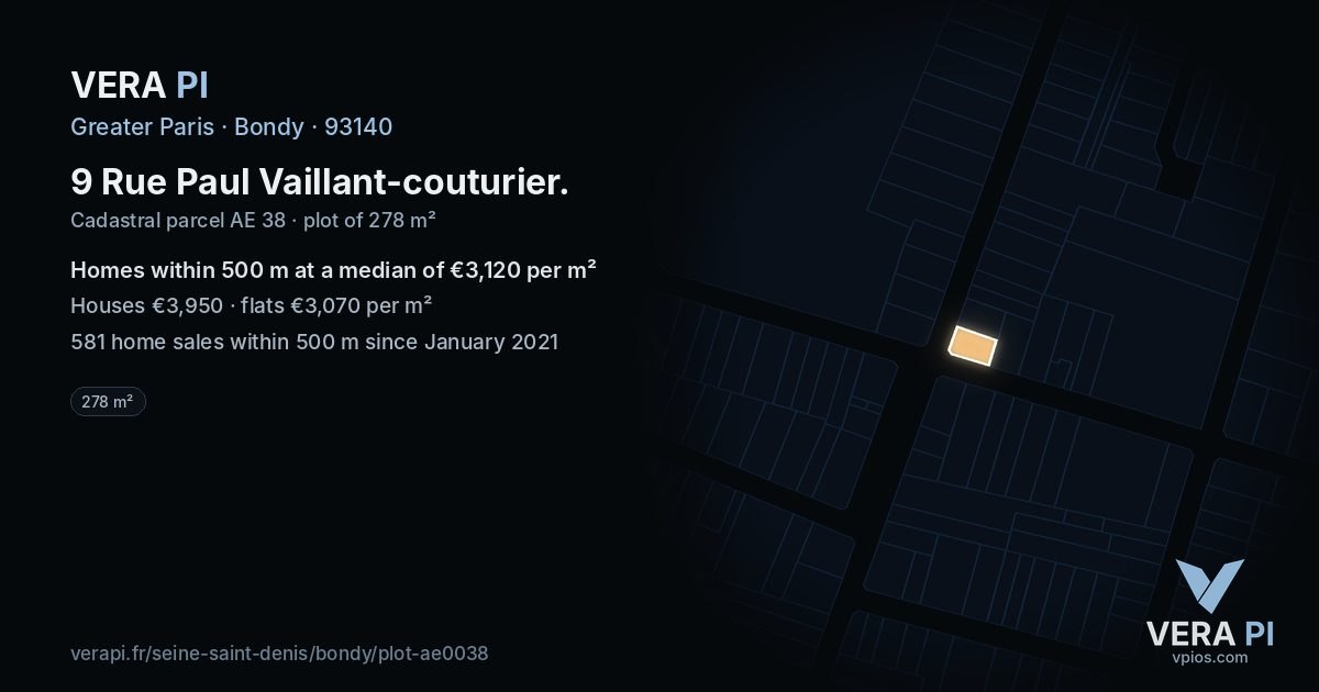 9 Rue Paul Vaillant-couturier, Bondy at night – the plot lit, the parcels around coloured by the prices near them