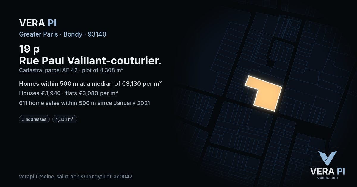 19 p Rue Paul Vaillant-couturier, Bondy at night – the plot lit, the parcels around coloured by the prices near them