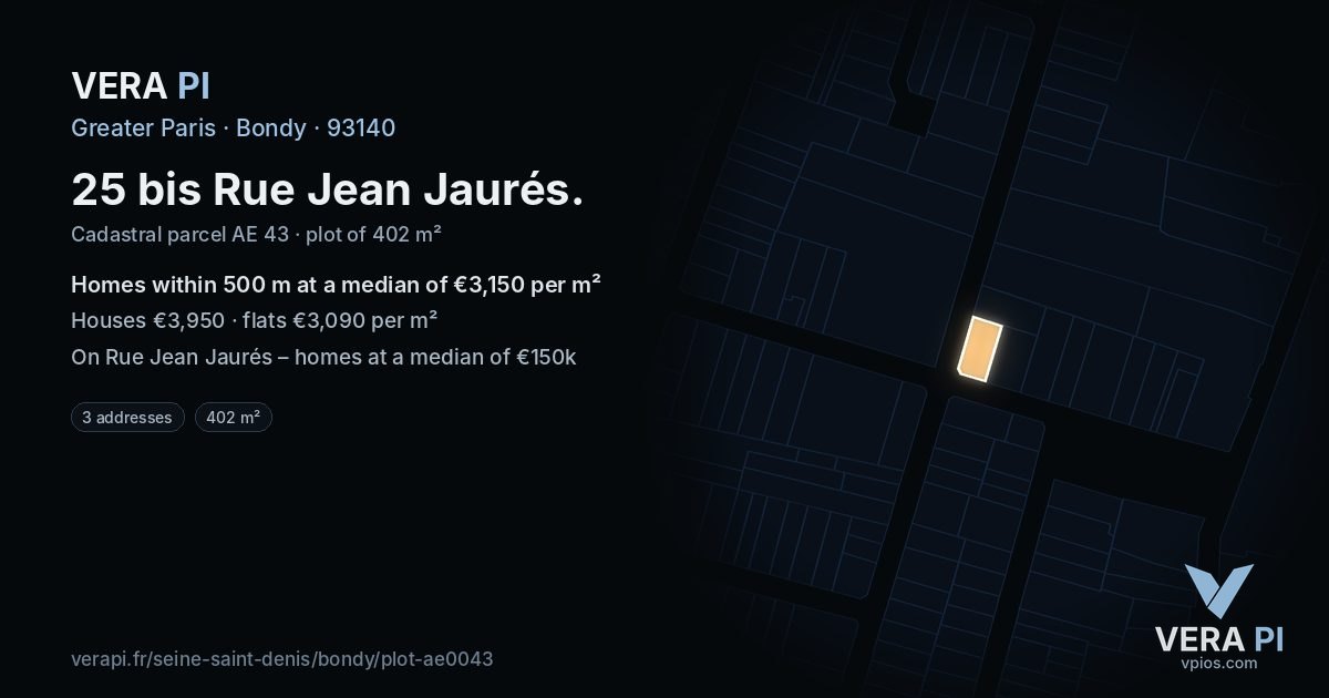 25 bis Rue Jean Jaurés, Bondy at night – the plot lit, the parcels around coloured by the prices near them