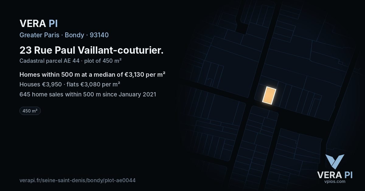 23 Rue Paul Vaillant-couturier, Bondy at night – the plot lit, the parcels around coloured by the prices near them