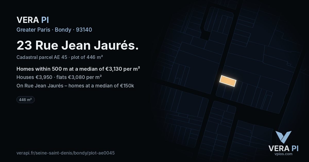 23 Rue Jean Jaurés, Bondy at night – the plot lit, the parcels around coloured by the prices near them