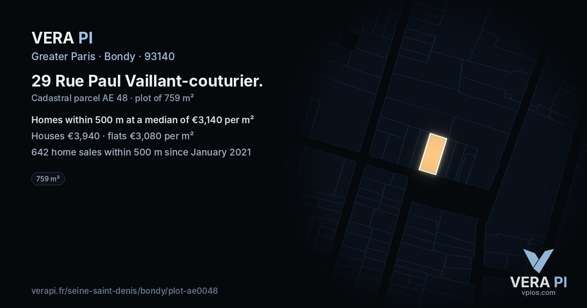 29 Rue Paul Vaillant-couturier, Bondy at night – the plot lit, the parcels around coloured by the prices near them