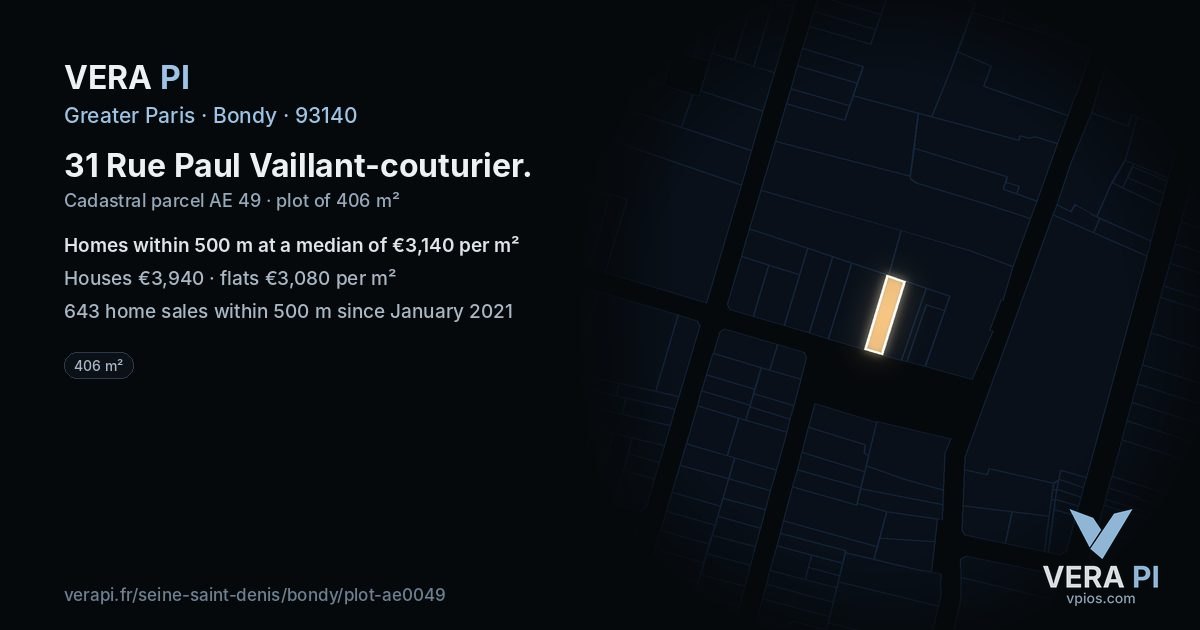 31 Rue Paul Vaillant-couturier, Bondy at night – the plot lit, the parcels around coloured by the prices near them