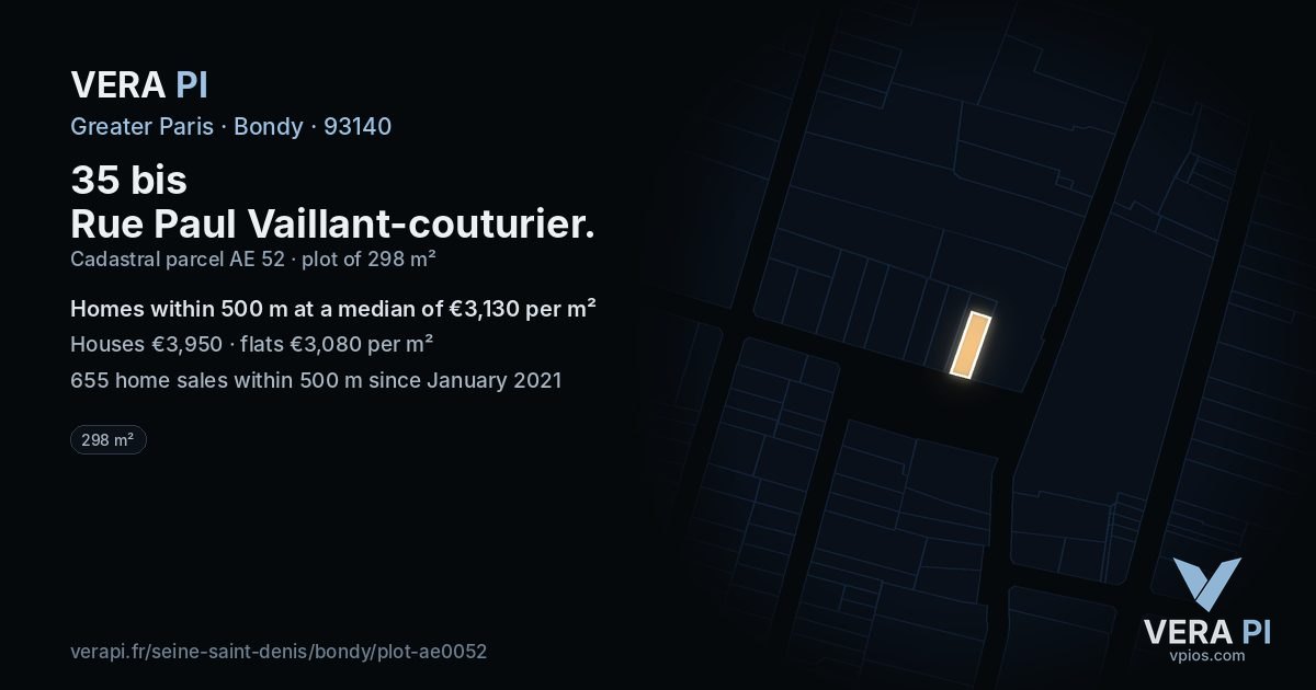 35 bis Rue Paul Vaillant-couturier, Bondy at night – the plot lit, the parcels around coloured by the prices near them