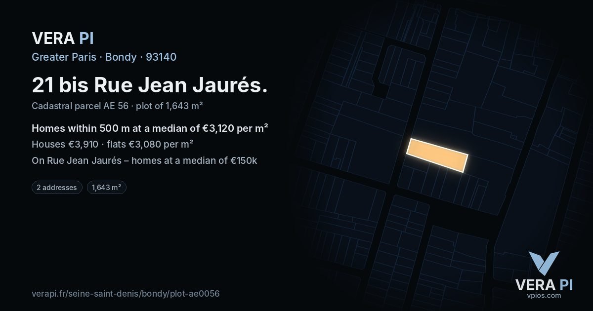 21 bis Rue Jean Jaurés, Bondy at night – the plot lit, the parcels around coloured by the prices near them