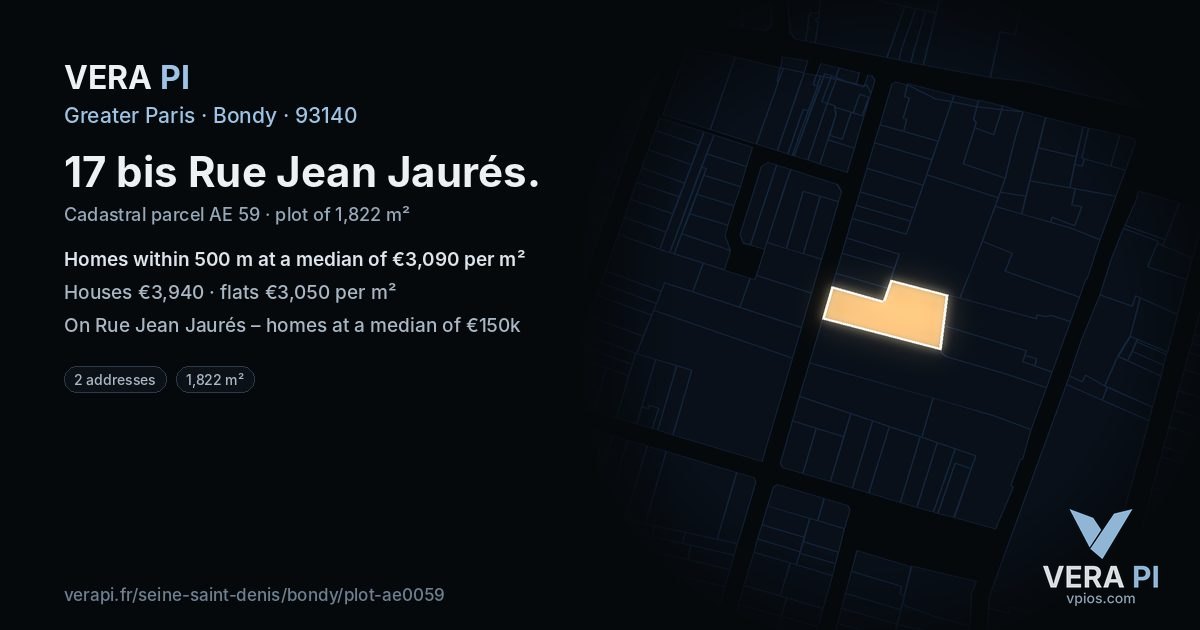 17 bis Rue Jean Jaurés, Bondy at night – the plot lit, the parcels around coloured by the prices near them