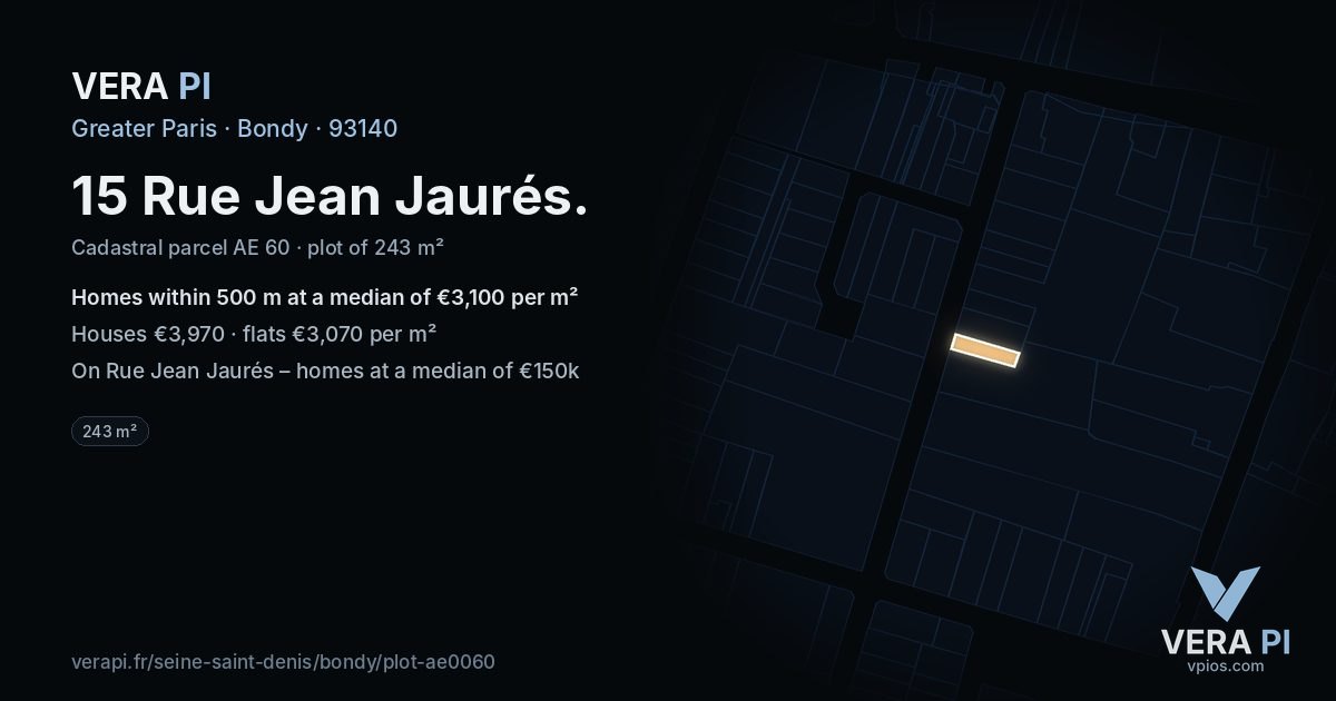 15 Rue Jean Jaurés, Bondy at night – the plot lit, the parcels around coloured by the prices near them