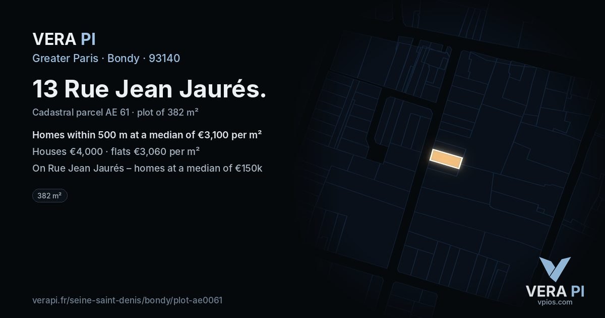 13 Rue Jean Jaurés, Bondy at night – the plot lit, the parcels around coloured by the prices near them