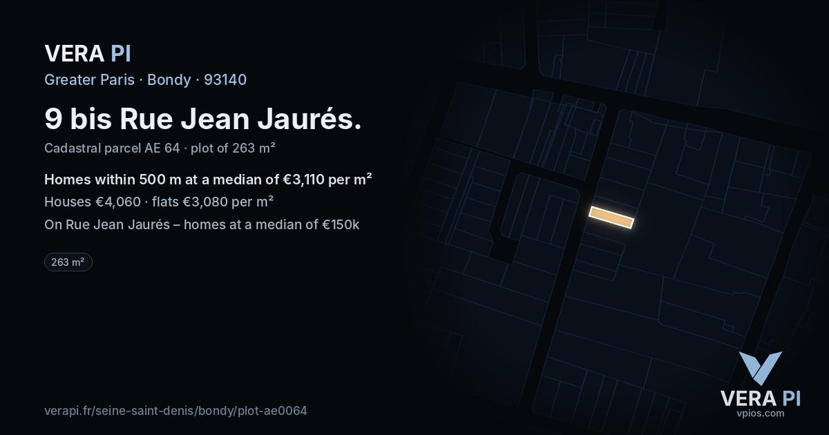 9 bis Rue Jean Jaurés, Bondy at night – the plot lit, the parcels around coloured by the prices near them