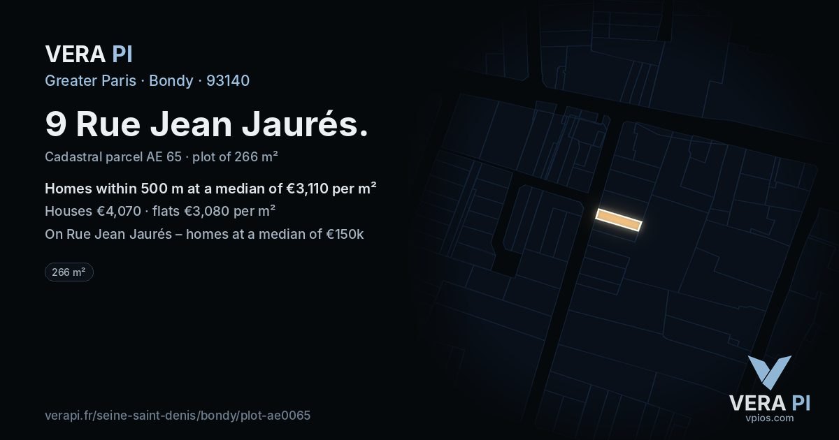 9 Rue Jean Jaurés, Bondy at night – the plot lit, the parcels around coloured by the prices near them