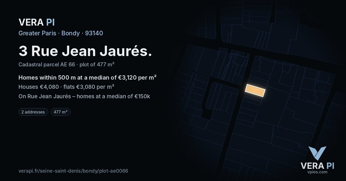 3 Rue Jean Jaurés, Bondy at night – the plot lit, the parcels around coloured by the prices near them
