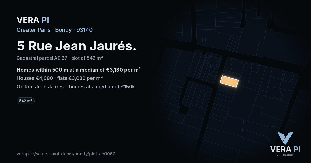 5 Rue Jean Jaurés, Bondy at night – the plot lit, the parcels around coloured by the prices near them