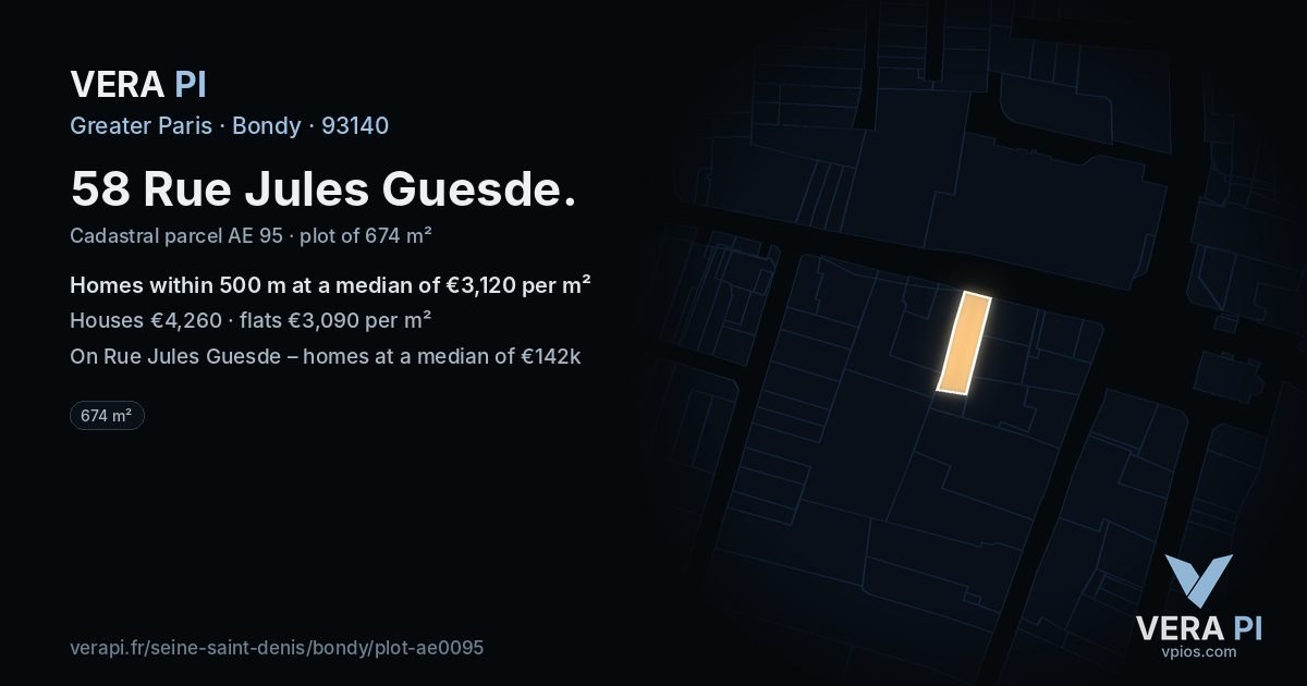 58 Rue Jules Guesde, Bondy at night – the plot lit, the parcels around coloured by the prices near them