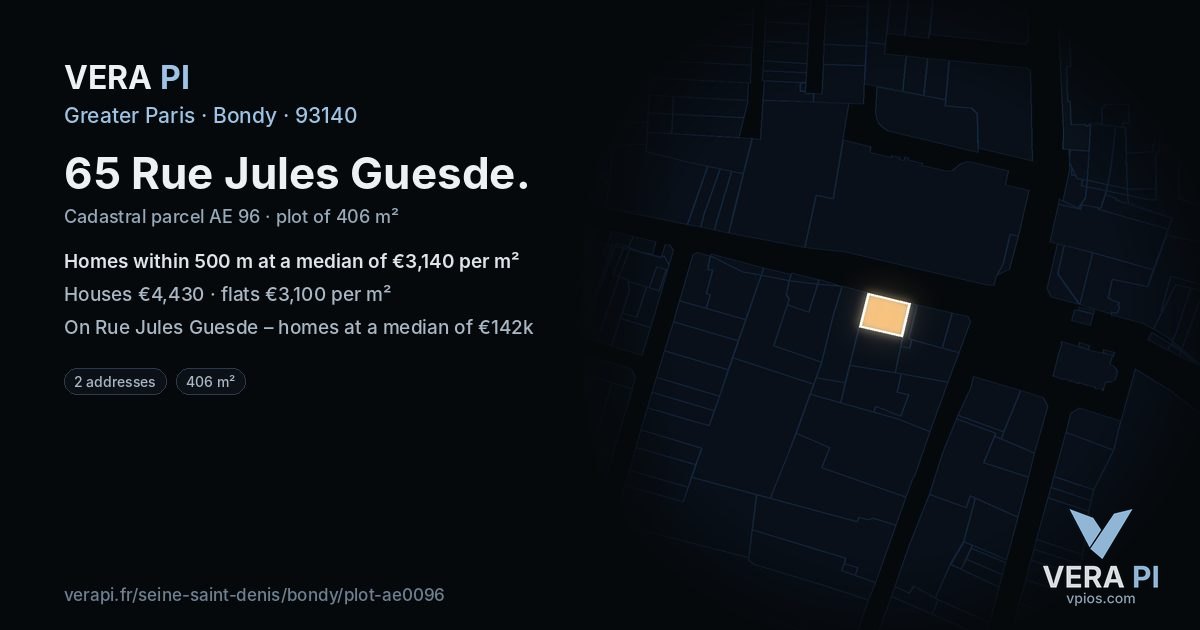 65 Rue Jules Guesde, Bondy at night – the plot lit, the parcels around coloured by the prices near them