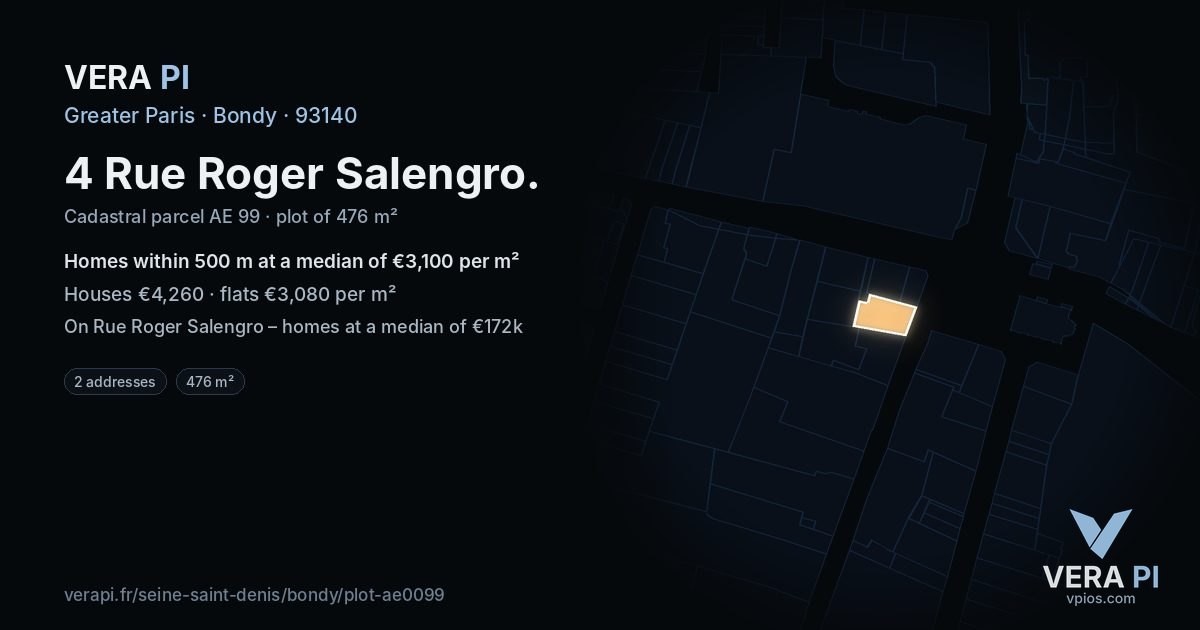 4 Rue Roger Salengro, Bondy at night – the plot lit, the parcels around coloured by the prices near them