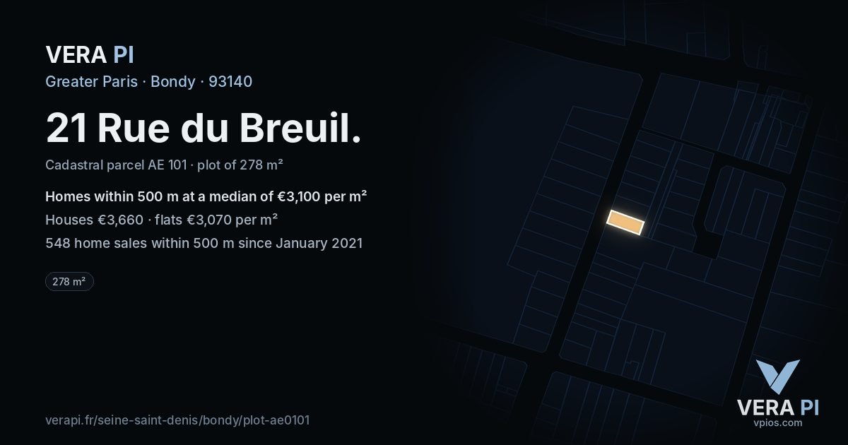 21 Rue du Breuil, Bondy at night – the plot lit, the parcels around coloured by the prices near them