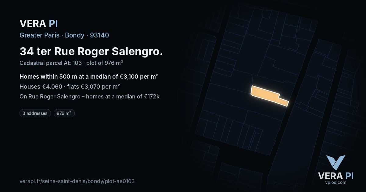 34 ter Rue Roger Salengro, Bondy at night – the plot lit, the parcels around coloured by the prices near them