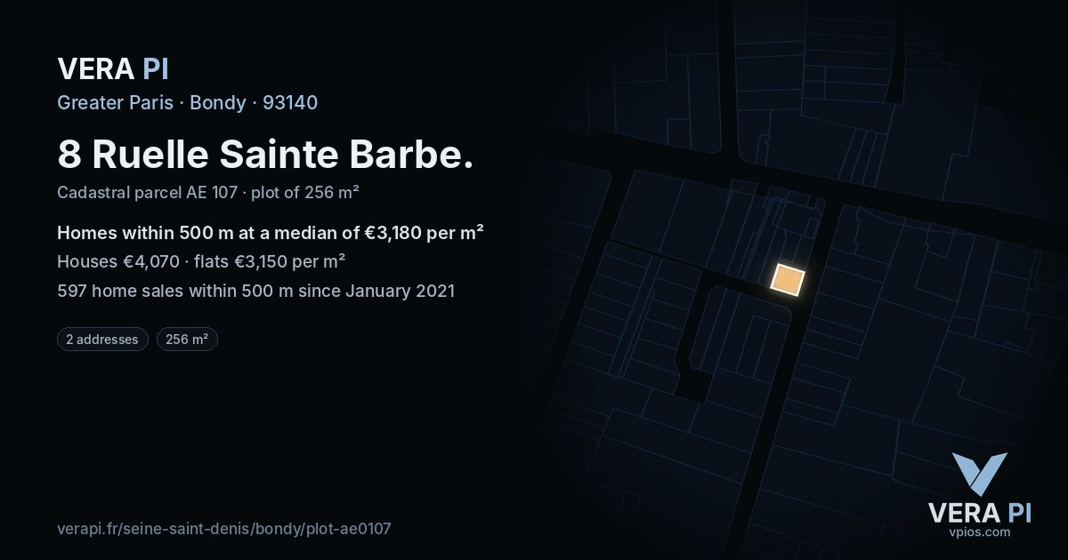 8 Ruelle Sainte Barbe, Bondy at night – the plot lit, the parcels around coloured by the prices near them
