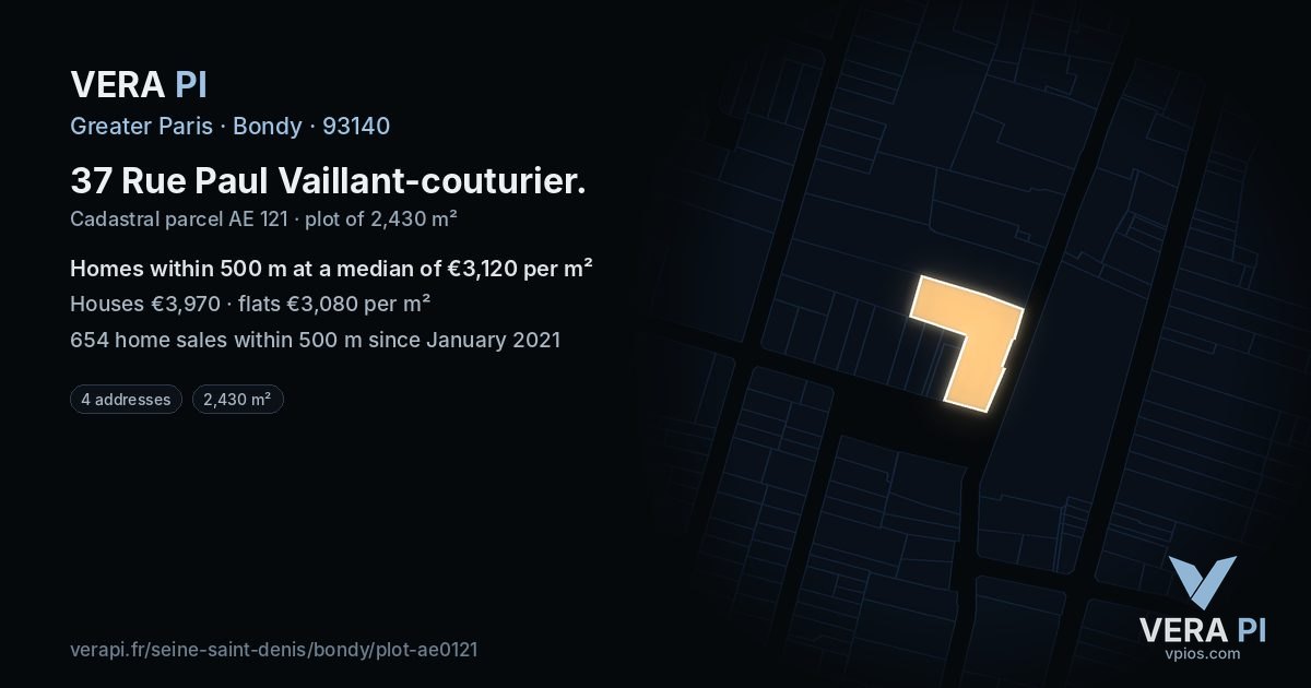 37 Rue Paul Vaillant-couturier, Bondy at night – the plot lit, the parcels around coloured by the prices near them