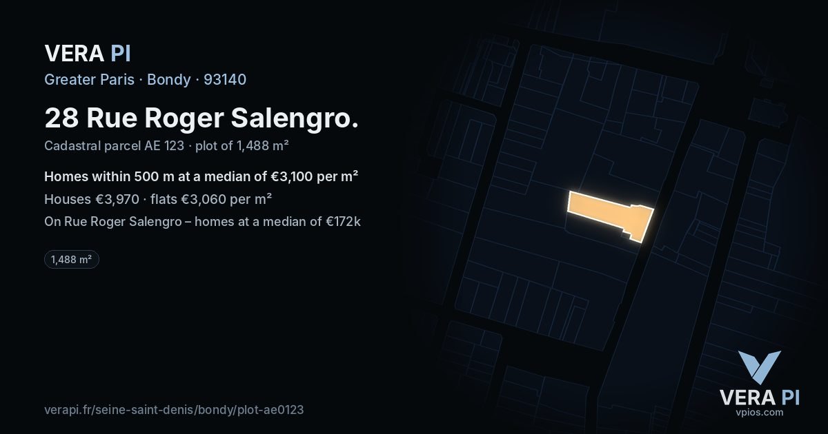 28 Rue Roger Salengro, Bondy at night – the plot lit, the parcels around coloured by the prices near them
