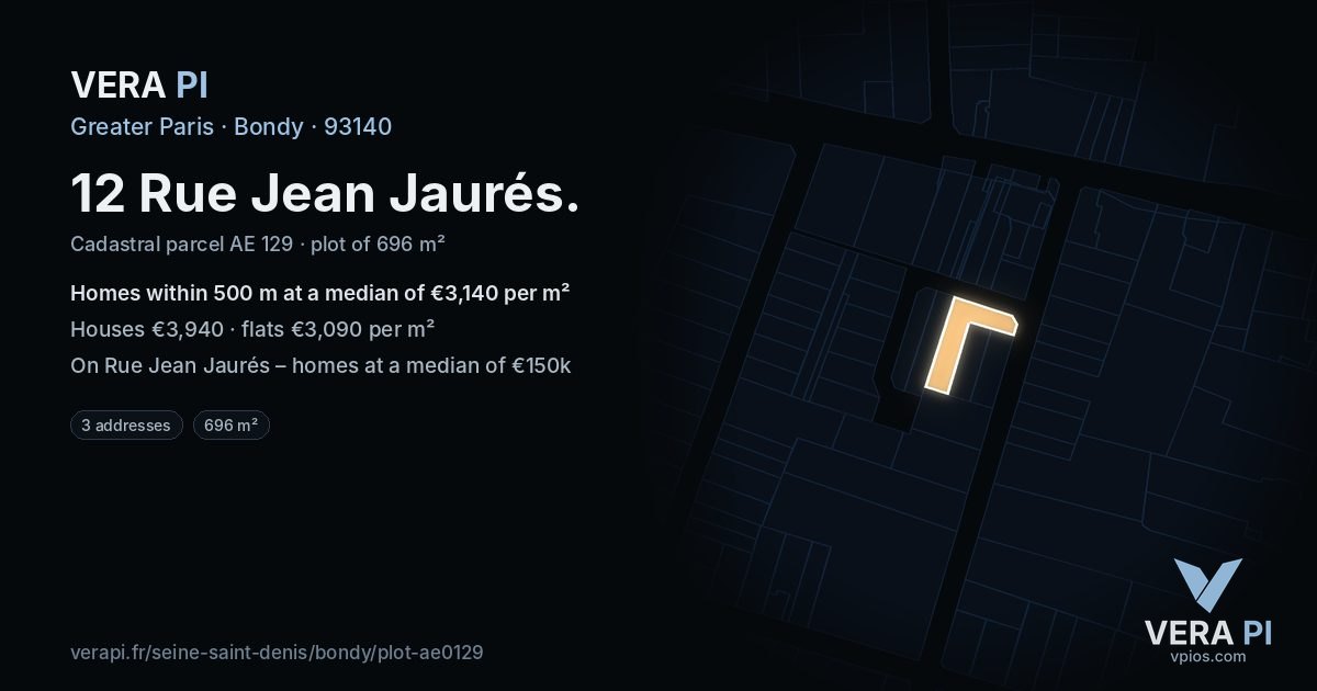 12 Rue Jean Jaurés, Bondy at night – the plot lit, the parcels around coloured by the prices near them