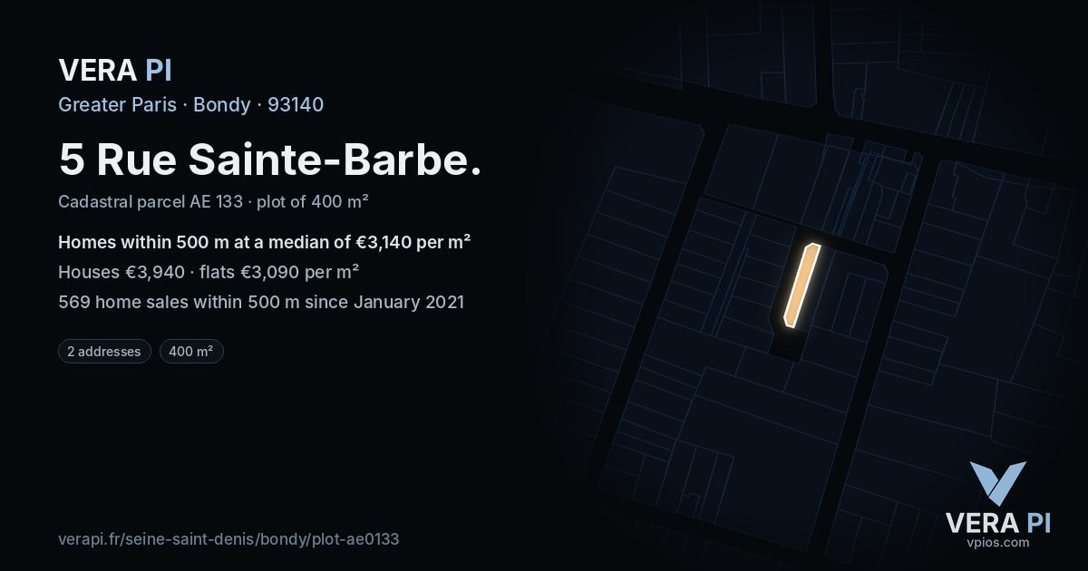 5 Rue Sainte-Barbe, Bondy at night – the plot lit, the parcels around coloured by the prices near them