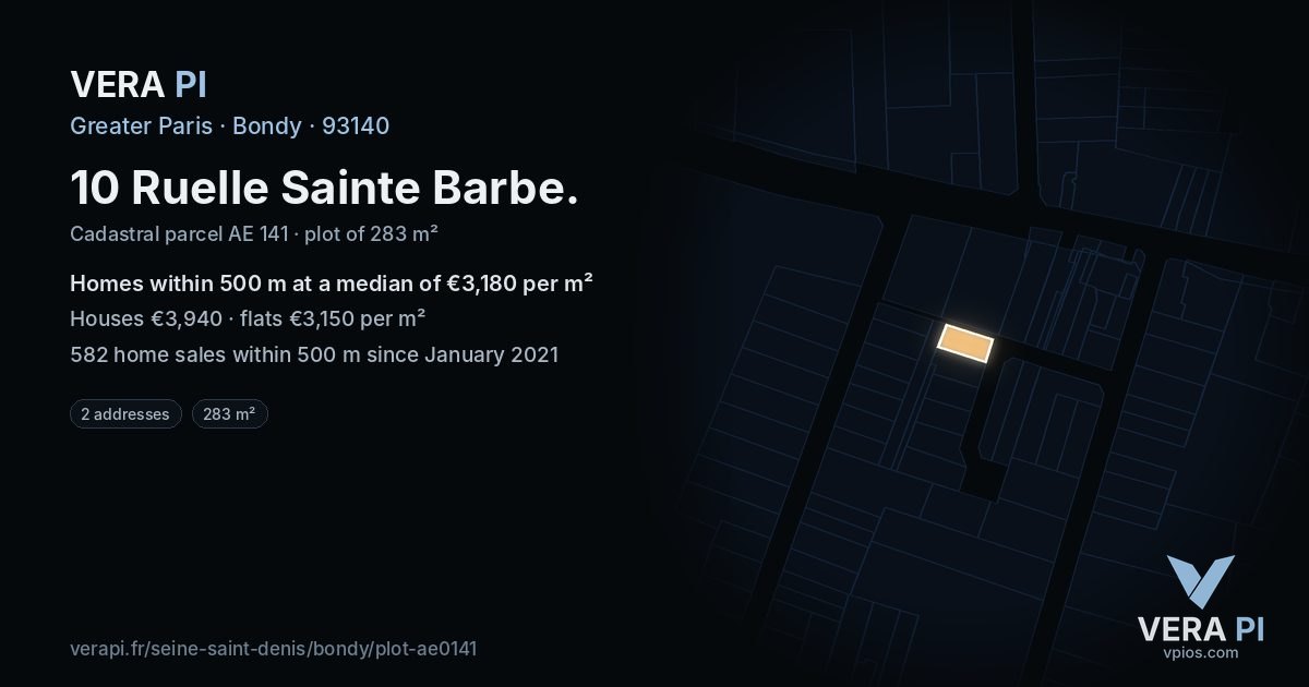 10 Ruelle Sainte Barbe, Bondy at night – the plot lit, the parcels around coloured by the prices near them