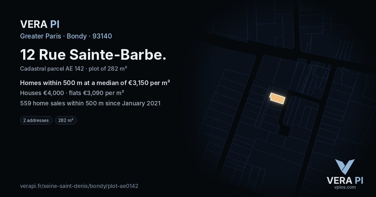 12 Rue Sainte-Barbe, Bondy at night – the plot lit, the parcels around coloured by the prices near them