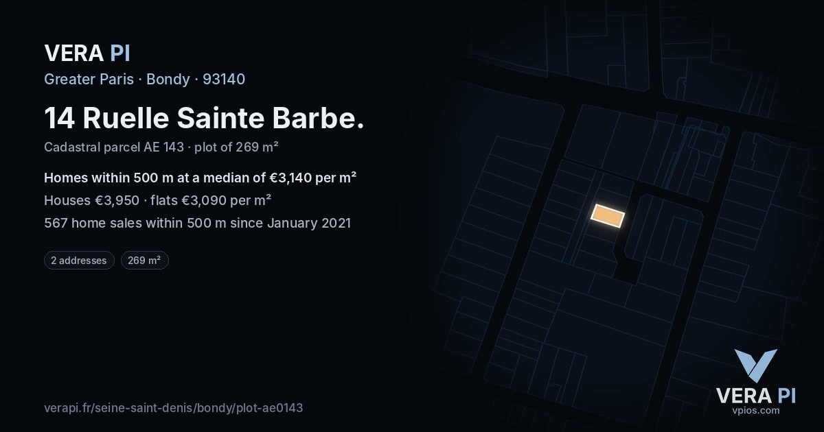 14 Ruelle Sainte Barbe, Bondy at night – the plot lit, the parcels around coloured by the prices near them