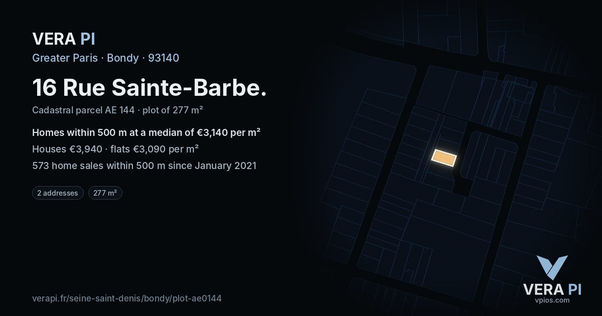 16 Rue Sainte-Barbe, Bondy at night – the plot lit, the parcels around coloured by the prices near them