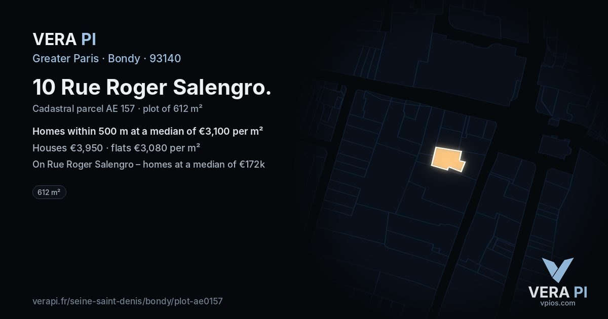 10 Rue Roger Salengro, Bondy at night – the plot lit, the parcels around coloured by the prices near them