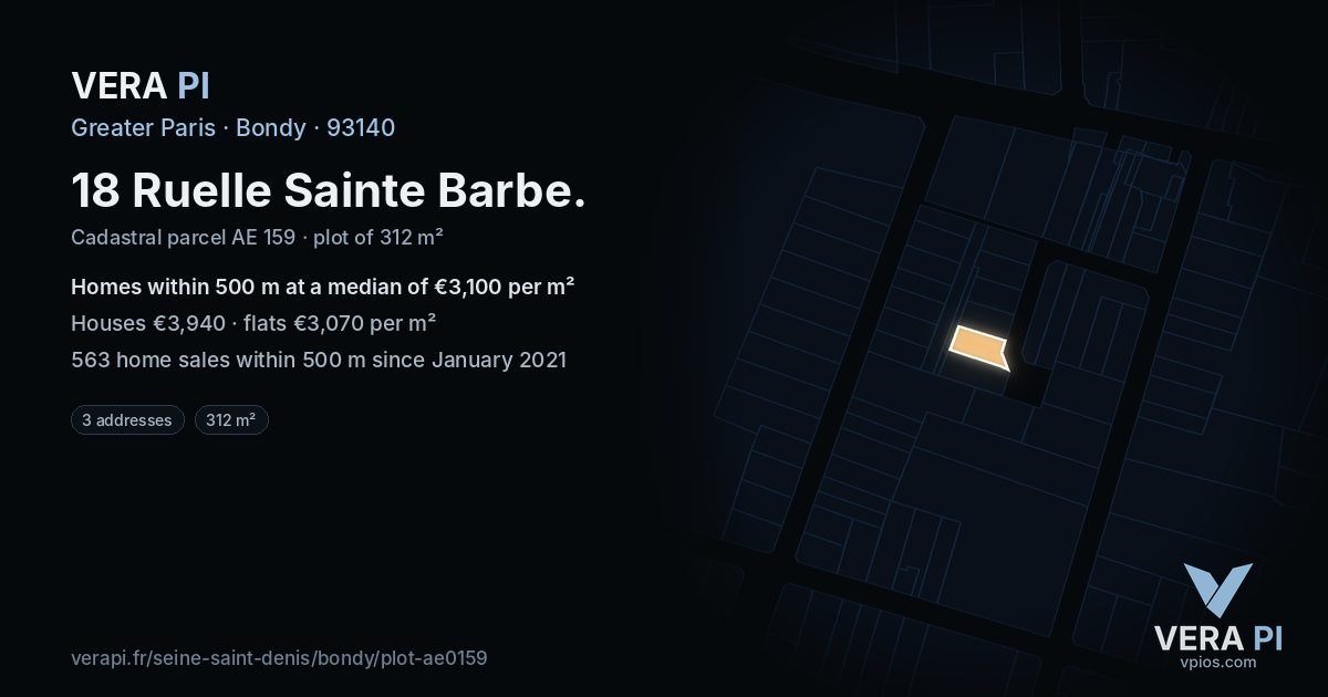 18 Ruelle Sainte Barbe, Bondy at night – the plot lit, the parcels around coloured by the prices near them
