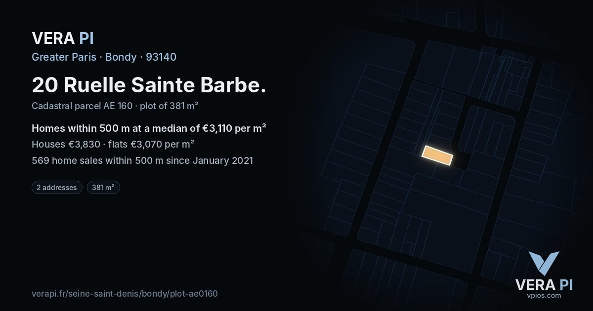 20 Ruelle Sainte Barbe, Bondy at night – the plot lit, the parcels around coloured by the prices near them