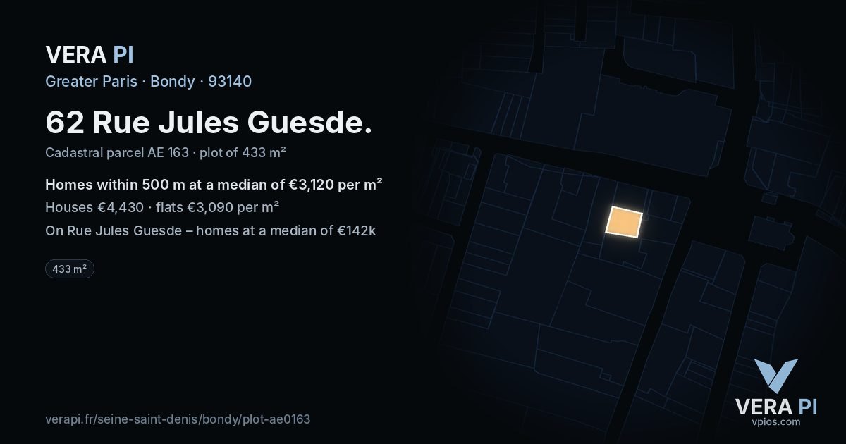 62 Rue Jules Guesde, Bondy at night – the plot lit, the parcels around coloured by the prices near them