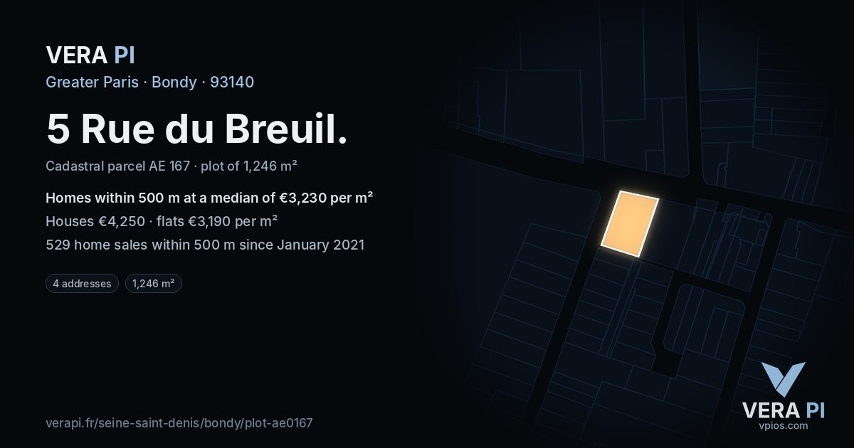 5 Rue du Breuil, Bondy at night – the plot lit, the parcels around coloured by the prices near them