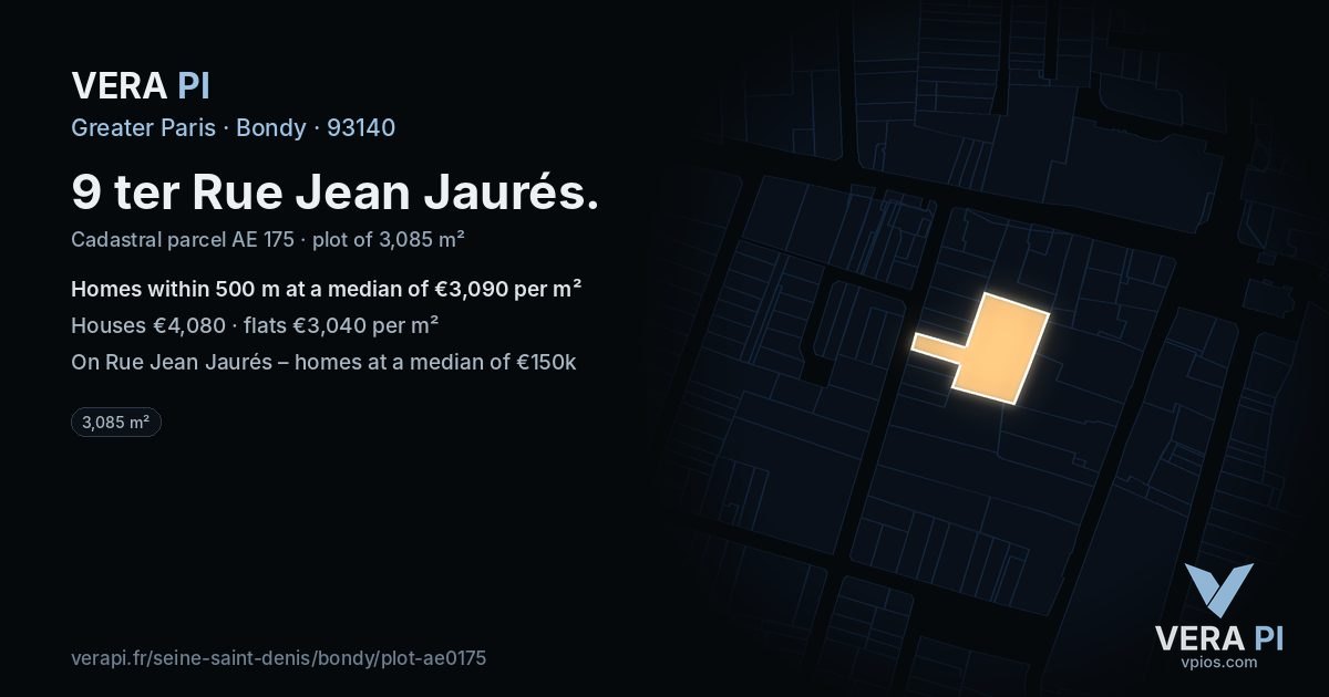 9 ter Rue Jean Jaurés, Bondy at night – the plot lit, the parcels around coloured by the prices near them