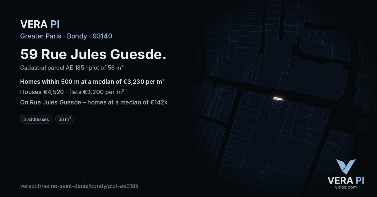 59 Rue Jules Guesde, Bondy at night – the plot lit, the parcels around coloured by the prices near them