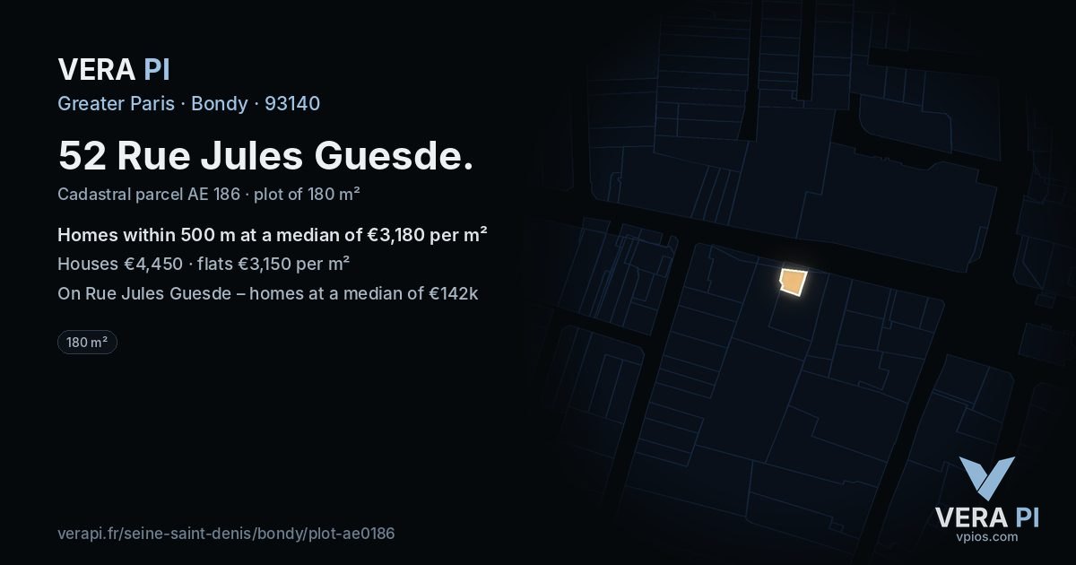52 Rue Jules Guesde, Bondy at night – the plot lit, the parcels around coloured by the prices near them