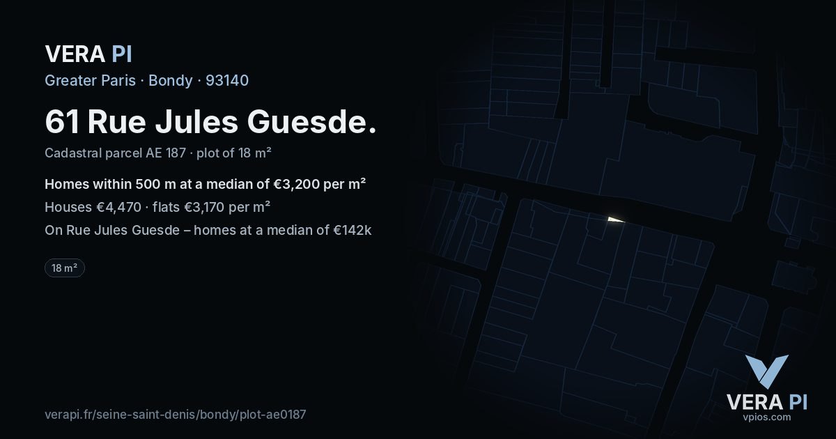 61 Rue Jules Guesde, Bondy at night – the plot lit, the parcels around coloured by the prices near them