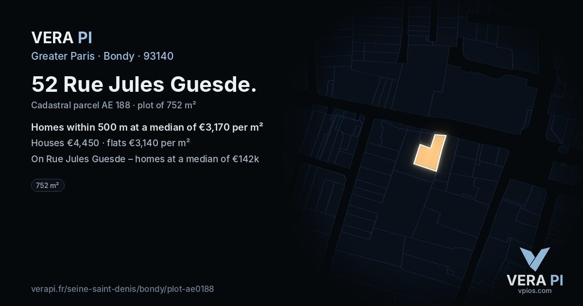 52 Rue Jules Guesde, Bondy at night – the plot lit, the parcels around coloured by the prices near them